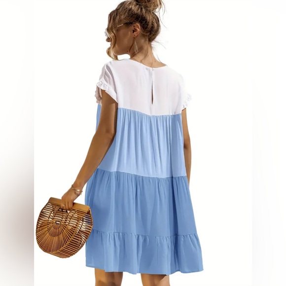 Boho Blue Color Block Tiered Tunic Deess - Picture 4 of 4